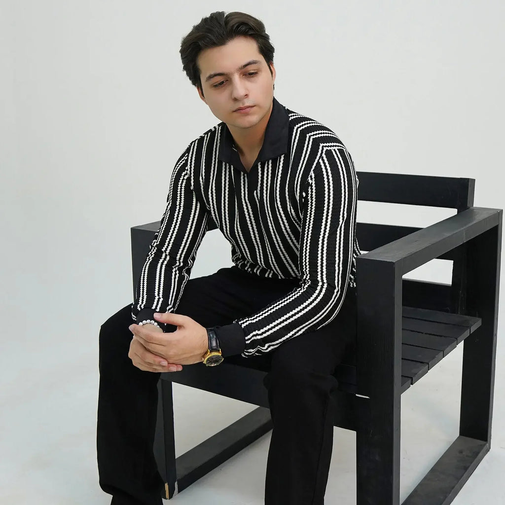 Pair Pent Pure Black Shirt Black with White Stripes - Pasand Hai
